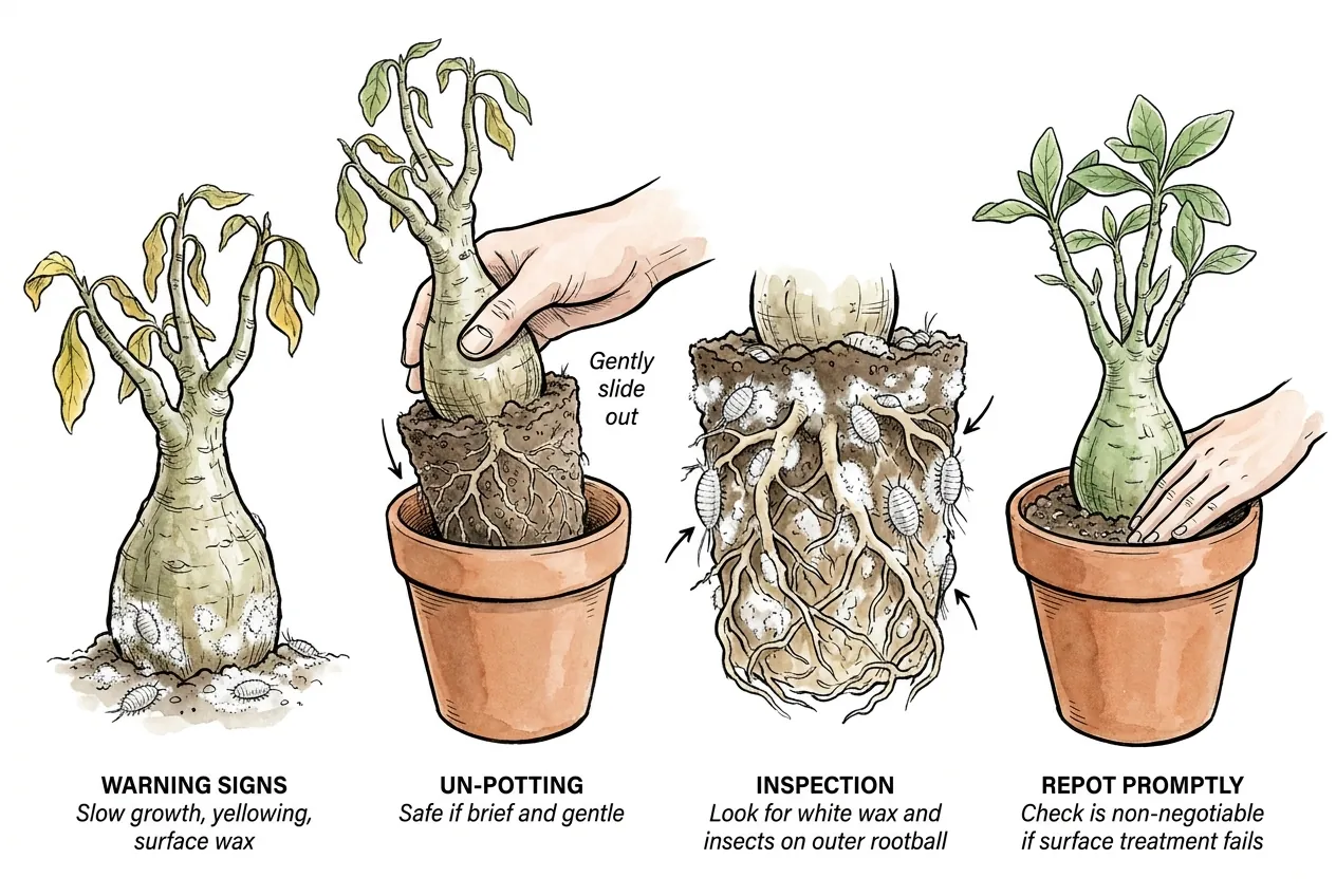 Caudex lifted from pot showing white powder on rootball