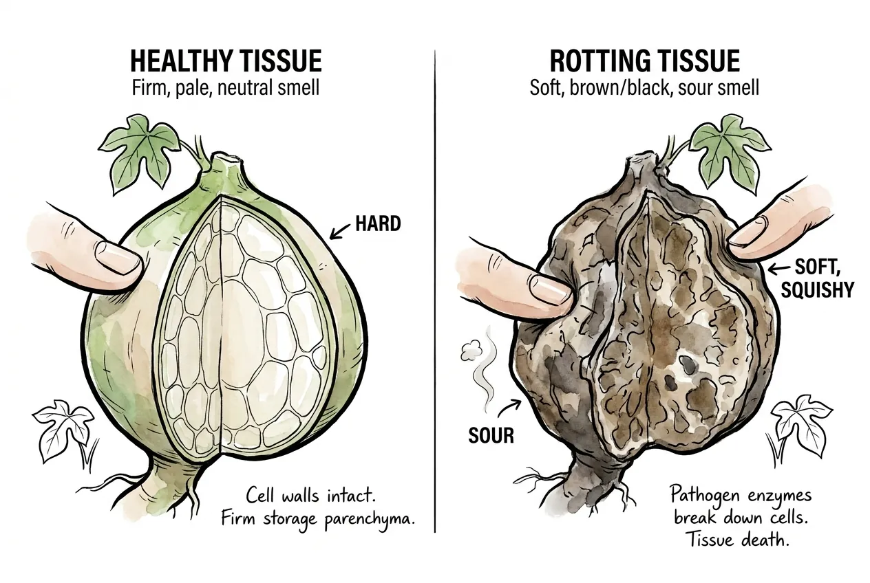 Firm pale caudex tissue contrasted with soft browning gummy rotted tissue
