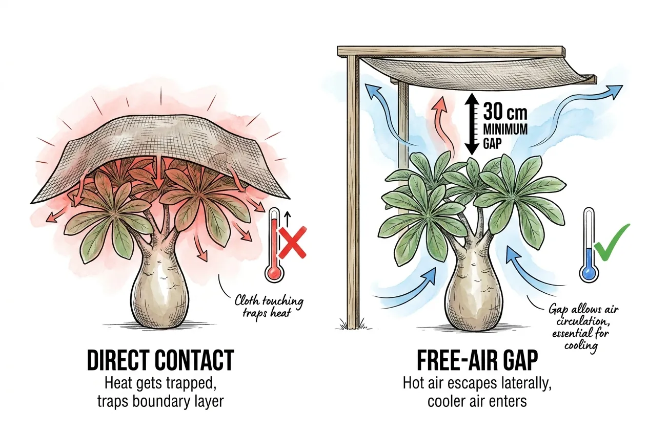 Shade cloth frame suspended 30 cm above caudex with ventilation air gap diagram.