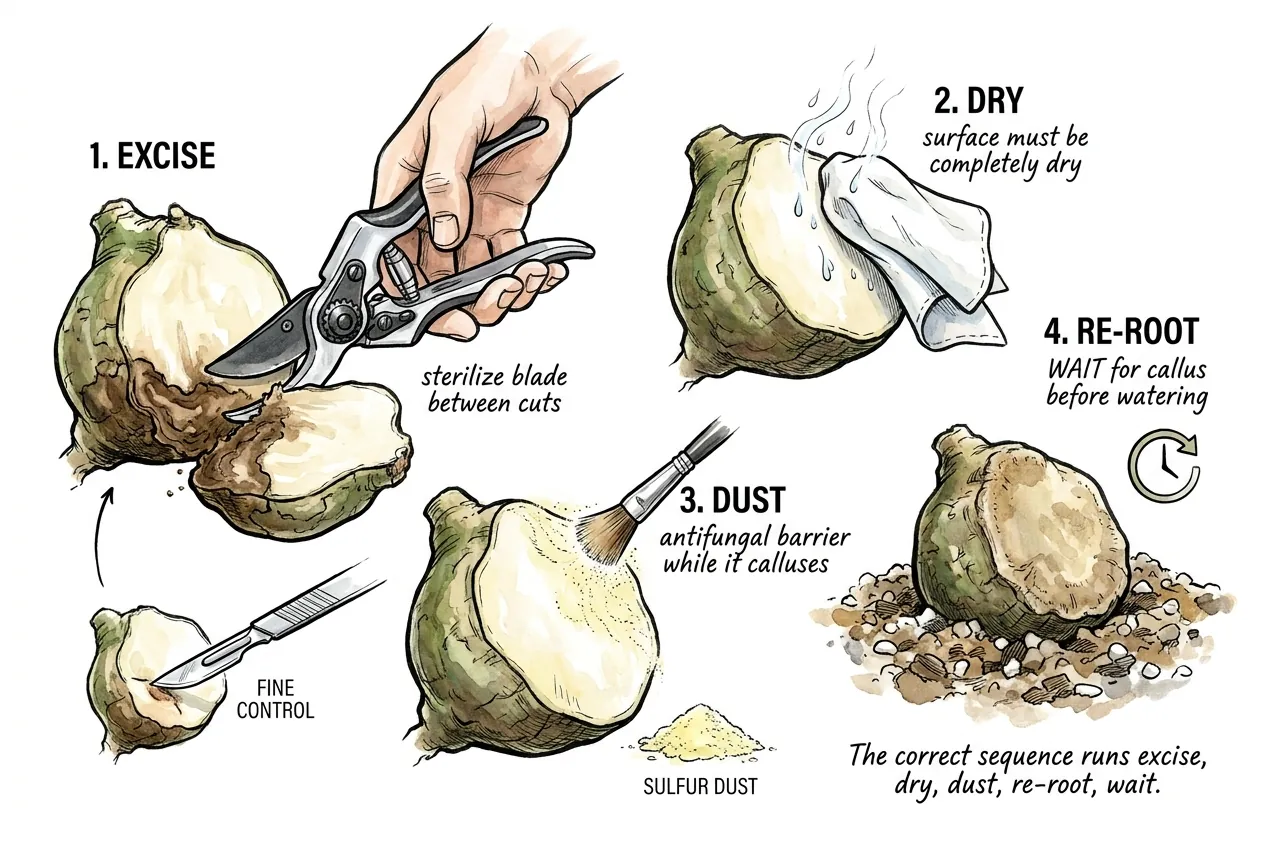 Excising rot, drying the wound, dusting with sulfur, then re-rooting in dry grit