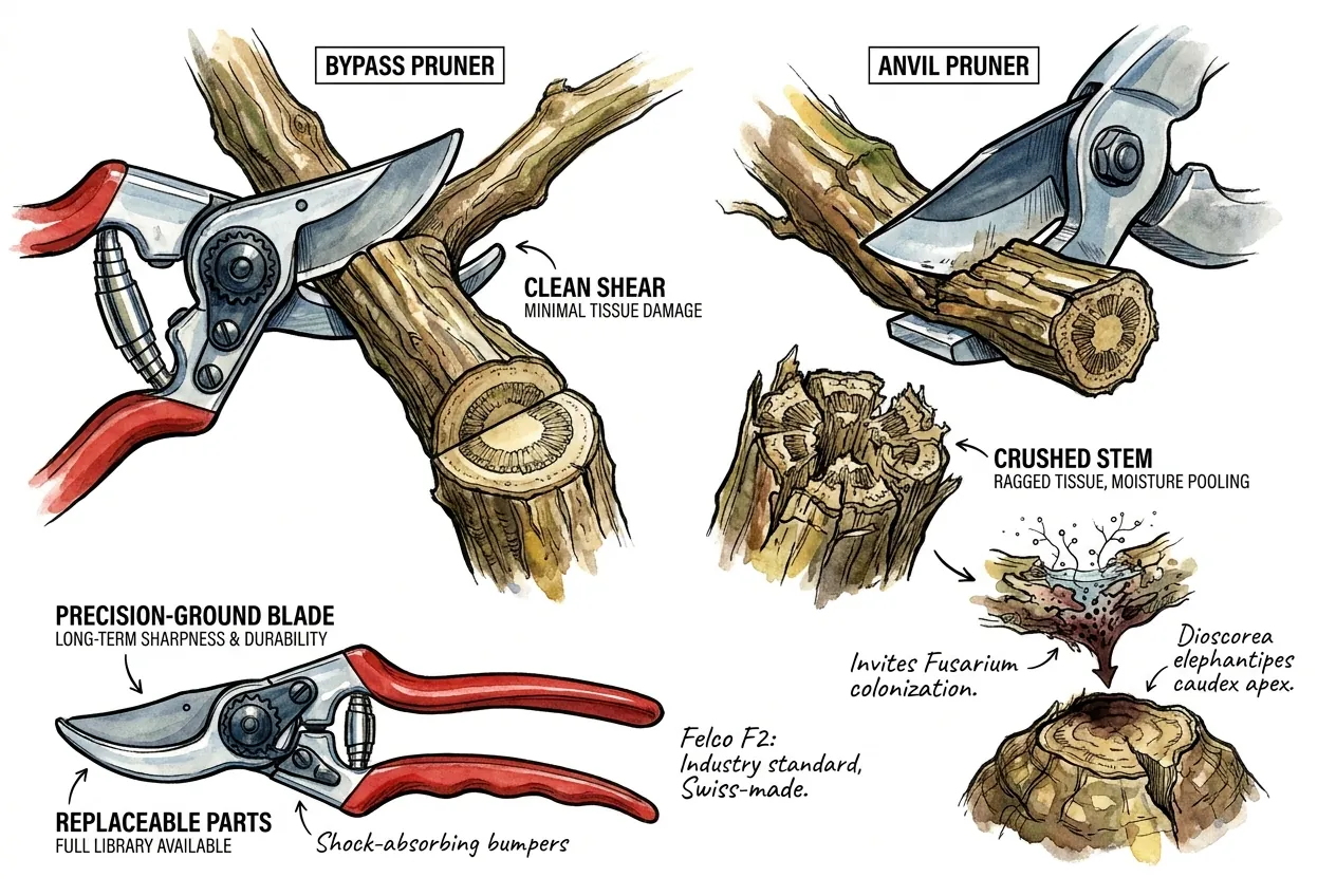 Bypass pruner blade shearing past counter jaw cleanly