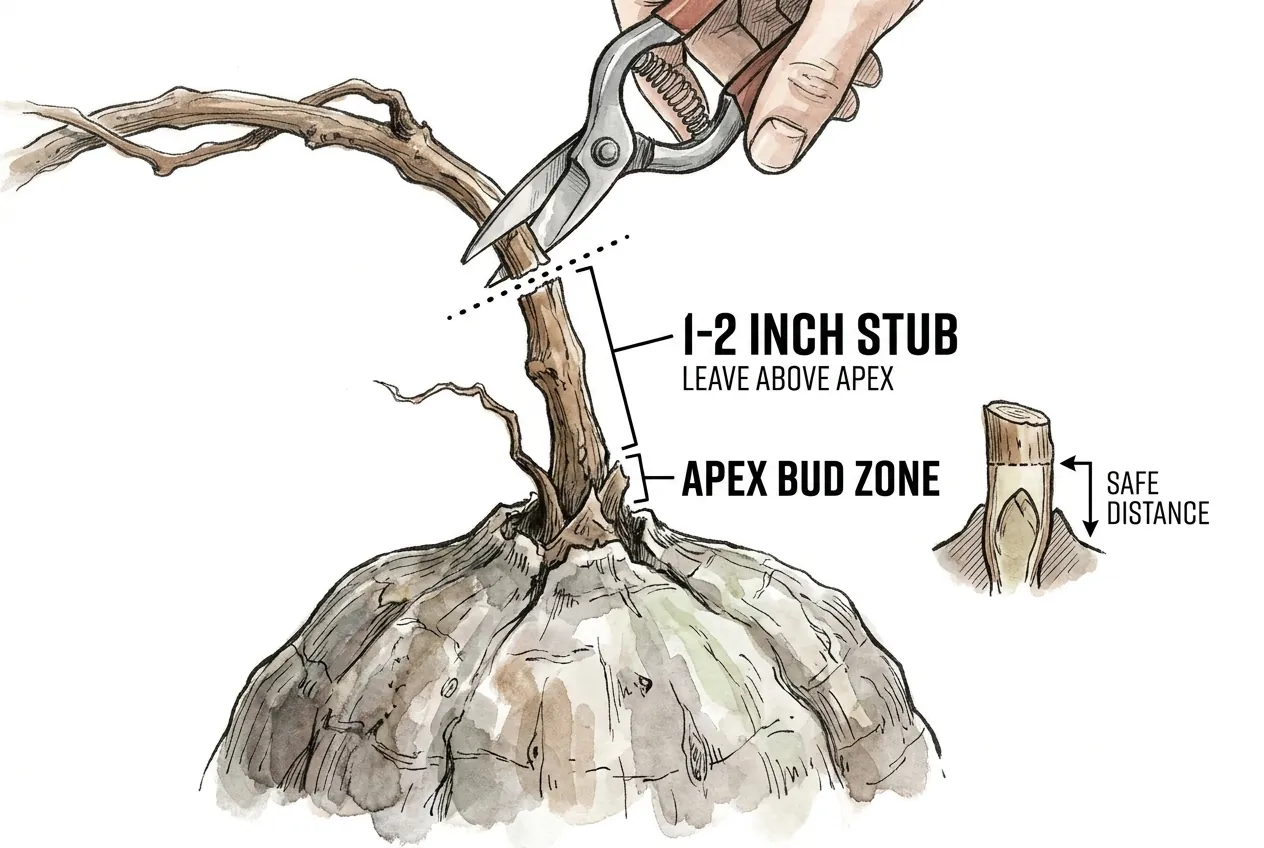 Pruner cutting vine stub one to two inches above caudex apex