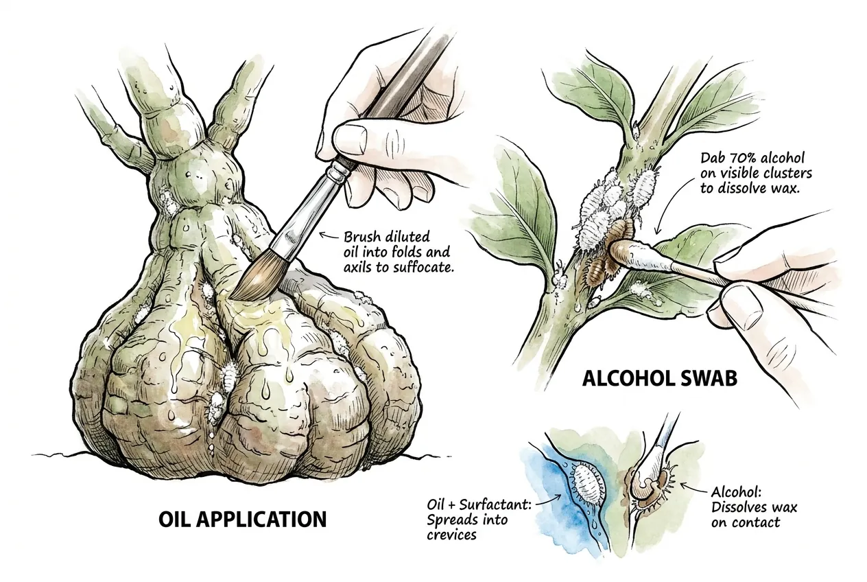 Brushing oil and dabbing alcohol into caudex folds