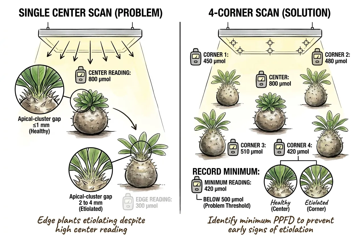 Four-corner PPFD scan pattern on grow bench layout