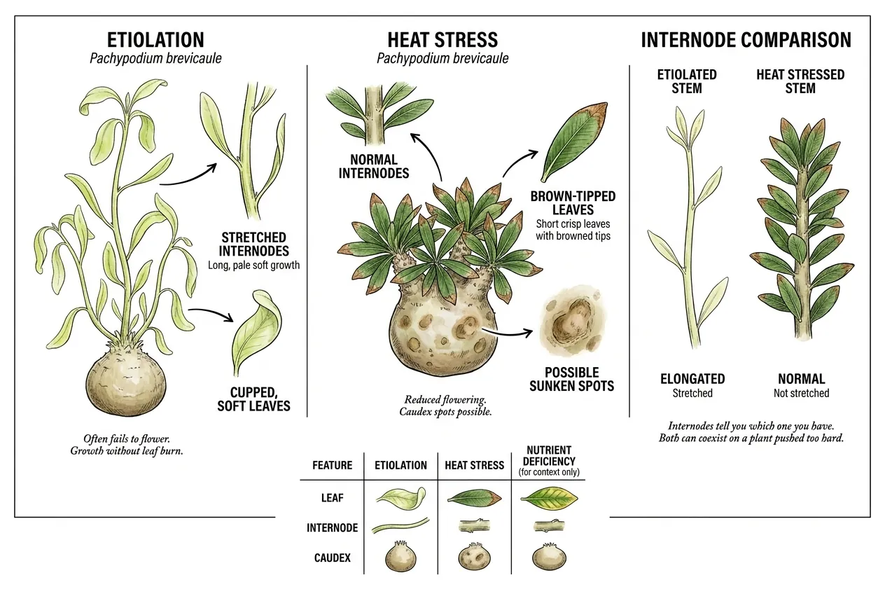 Side-by-side leaf symptoms for etiolation versus heat stress