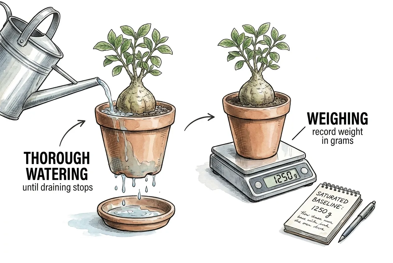 Thoroughly watering a potted caudex until draining stops, then weighing it in grams to record the saturated soil baseline