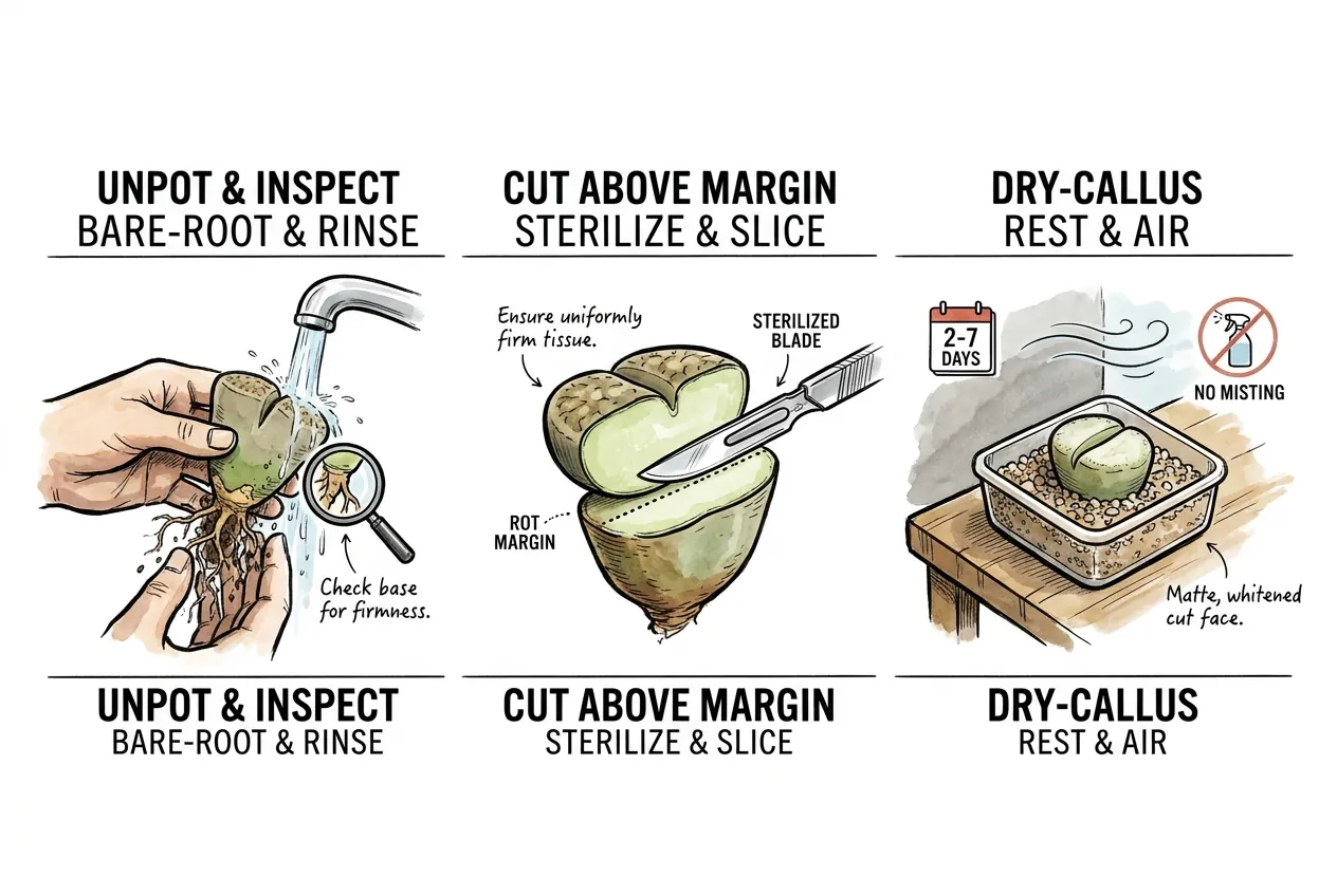 Lithops rescue steps cutting above rot and drying the callus