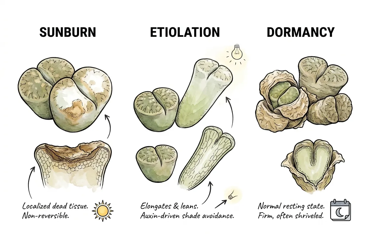 Sunburned bleached Lithops beside an etiolated stretched pale one