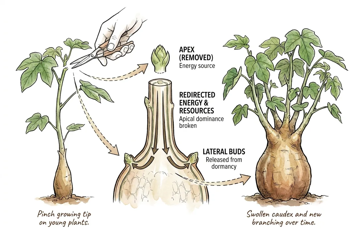 Pinching a growing tip redirecting growth into a thickening swollen caudex