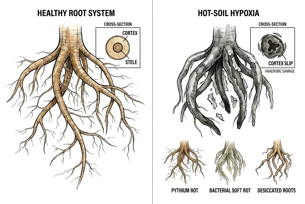 Botanical illustration for: What do the root systems look like compared side by side?