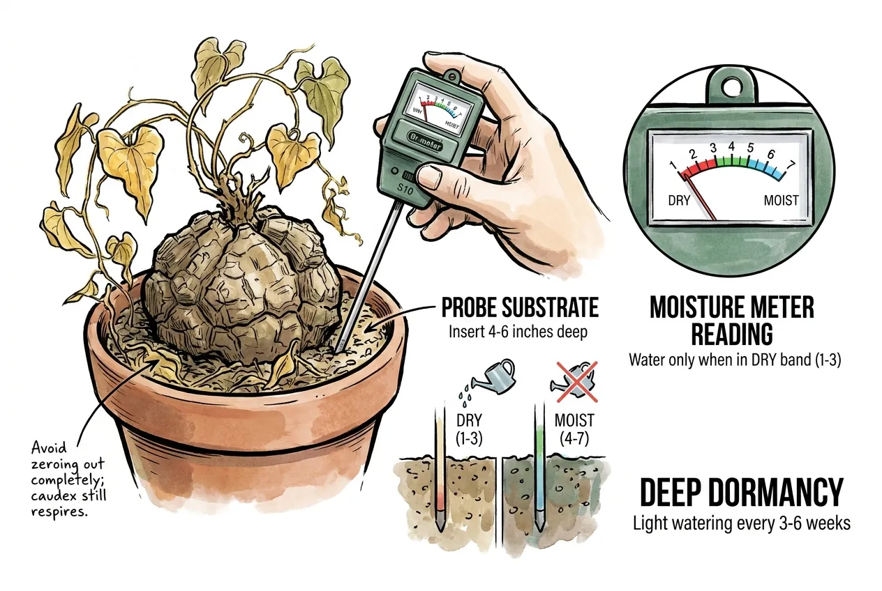 Analog soil moisture probe inserted into gritty substrate