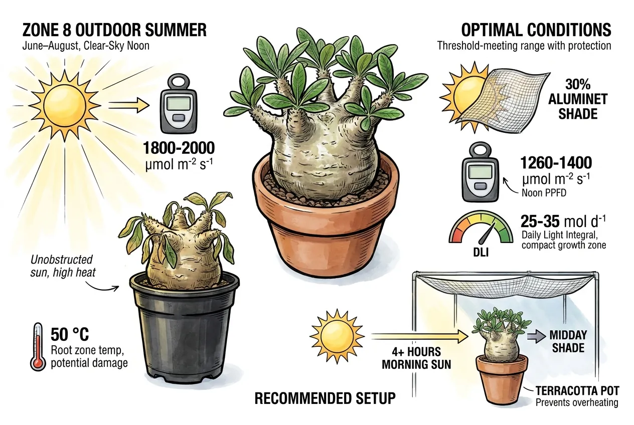 Outdoor patio Pachypodium under shade cloth in summer
