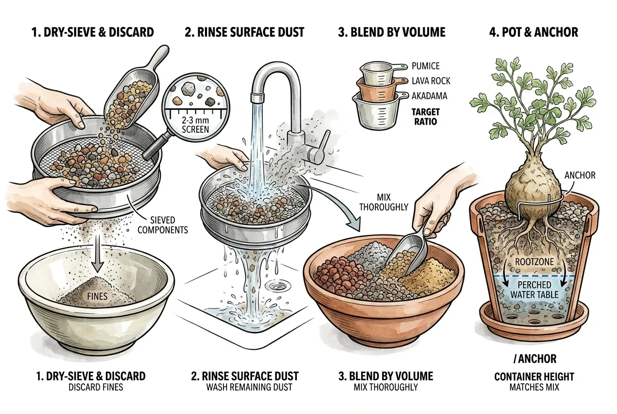 Four-step gritty mix setup, sieve fines, rinse dust, blend pumice and akadama, then pot the caudex