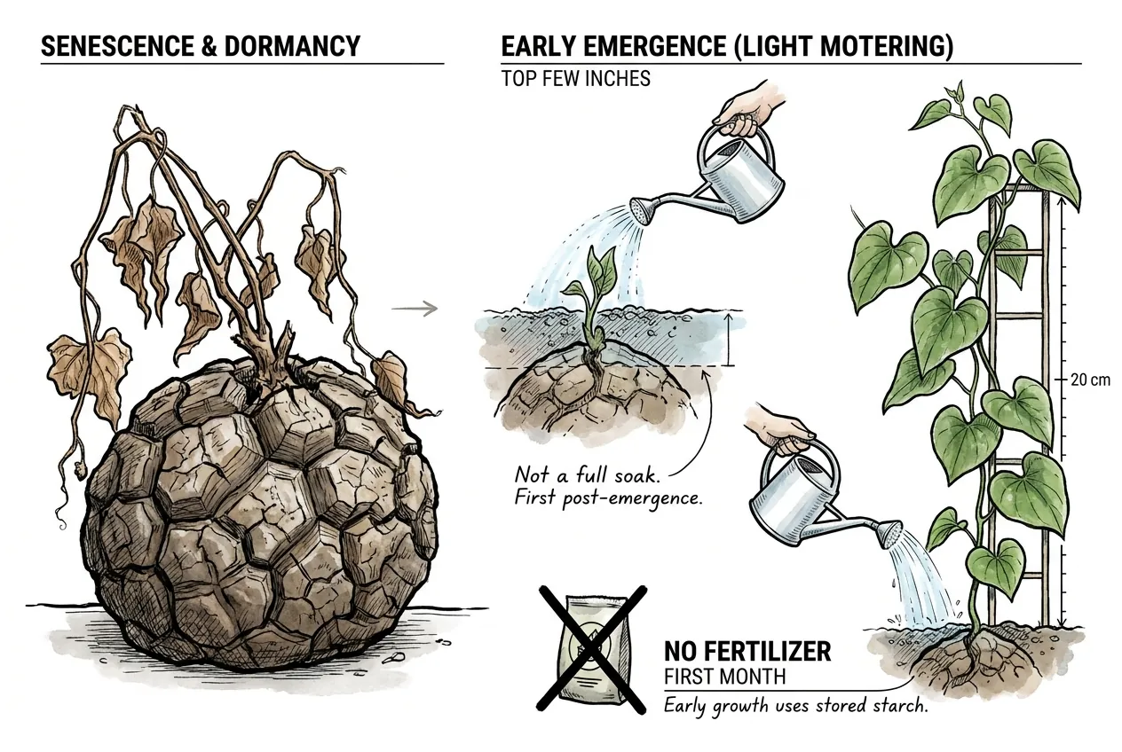 Light watering of substrate around emerging vine nub