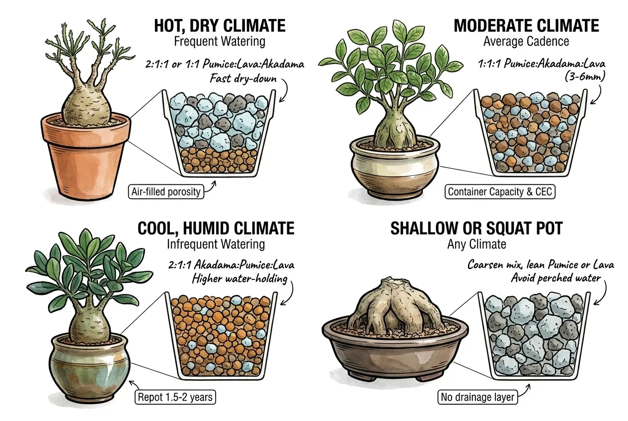 Pumice, lava, and akadama blended in different ratios tuned by climate and watering cadence