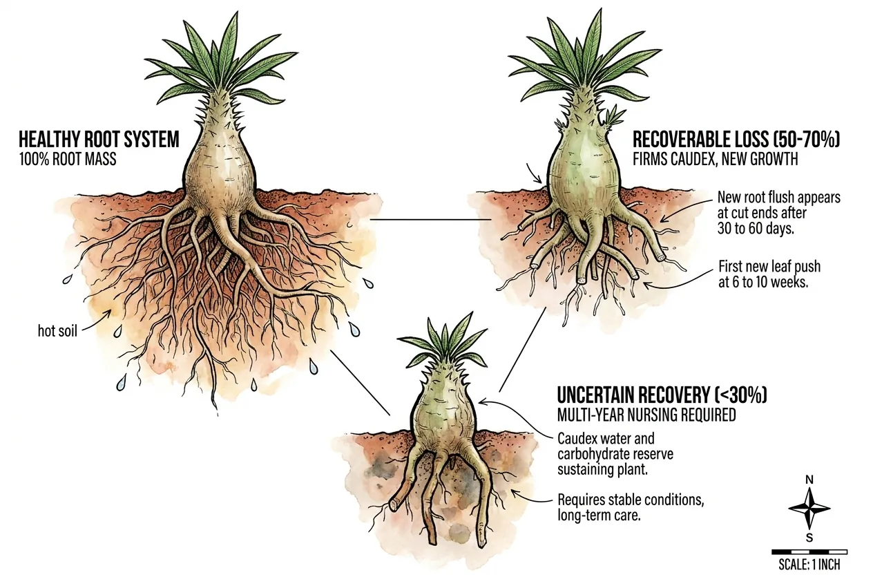 Botanical illustration for: How much root mass can the plant actually lose and recover?