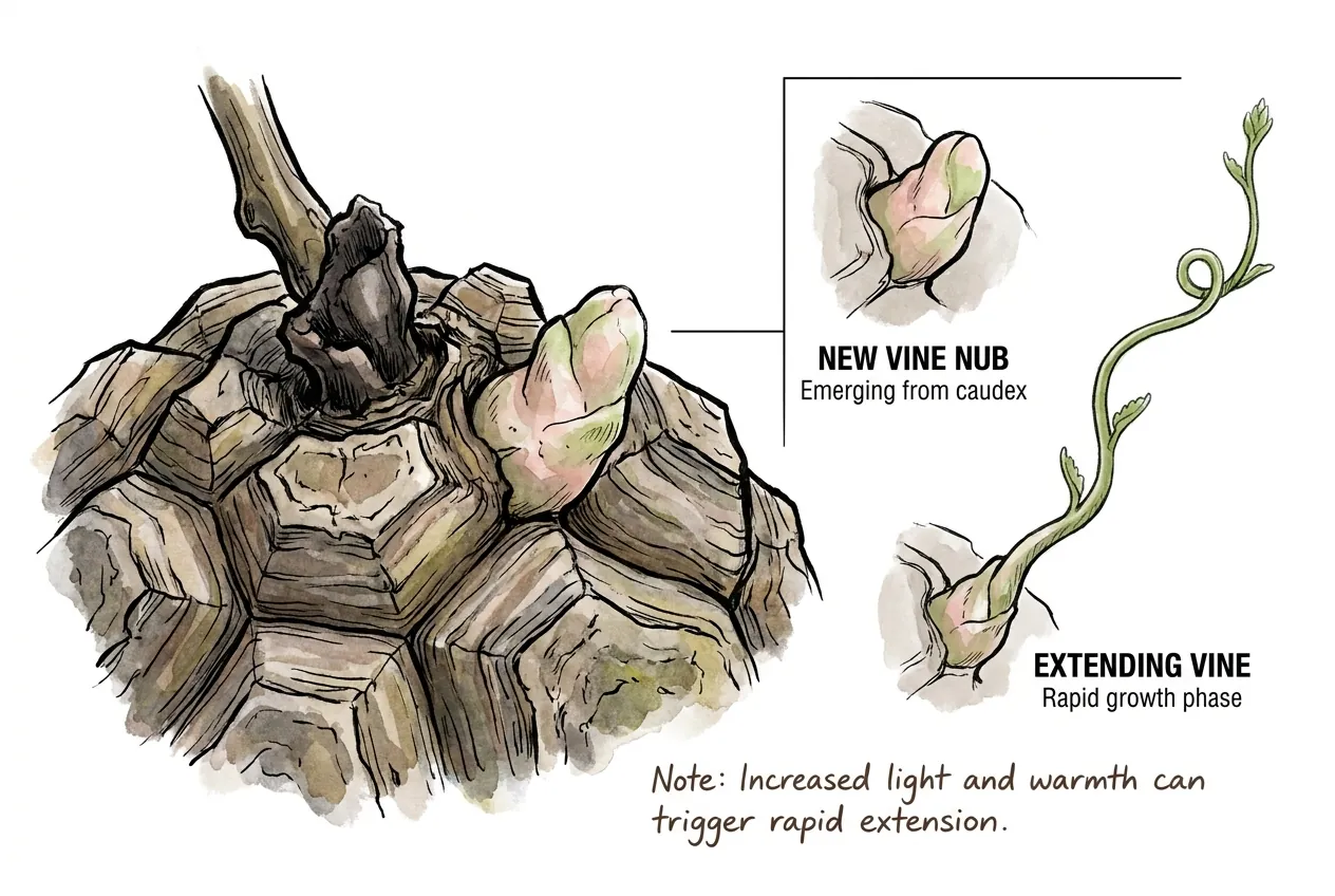 Small pinkish green growth nub at caudex apex