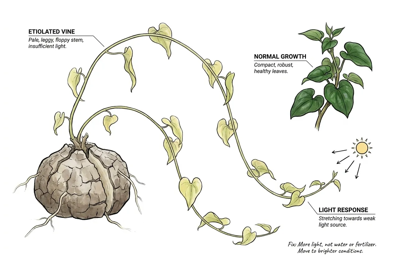Etiolated pale thin vine stretching toward light source