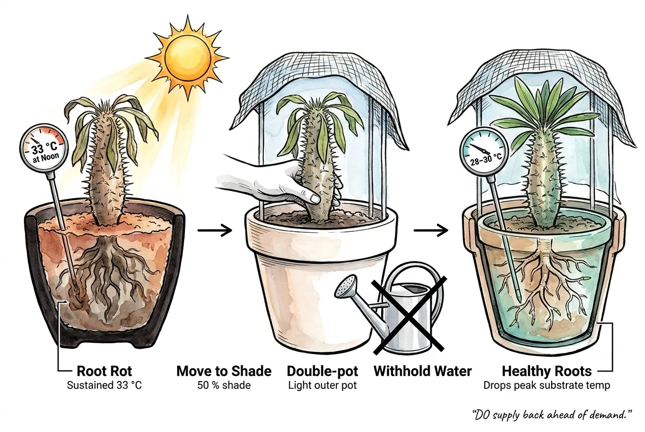 Botanical illustration for: Substrate probe reads 33 °C at noon