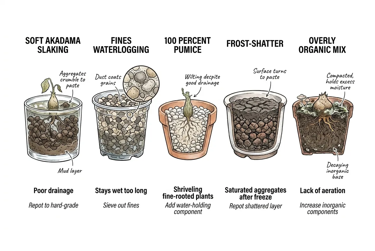 Five gritty mix failure modes including slaking akadama, fines waterlogging, and capped surfaces