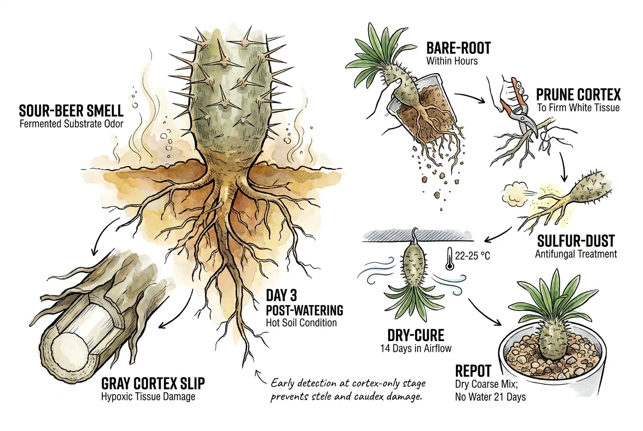 Botanical illustration for: Sour-beer smell at Day 3 post-watering