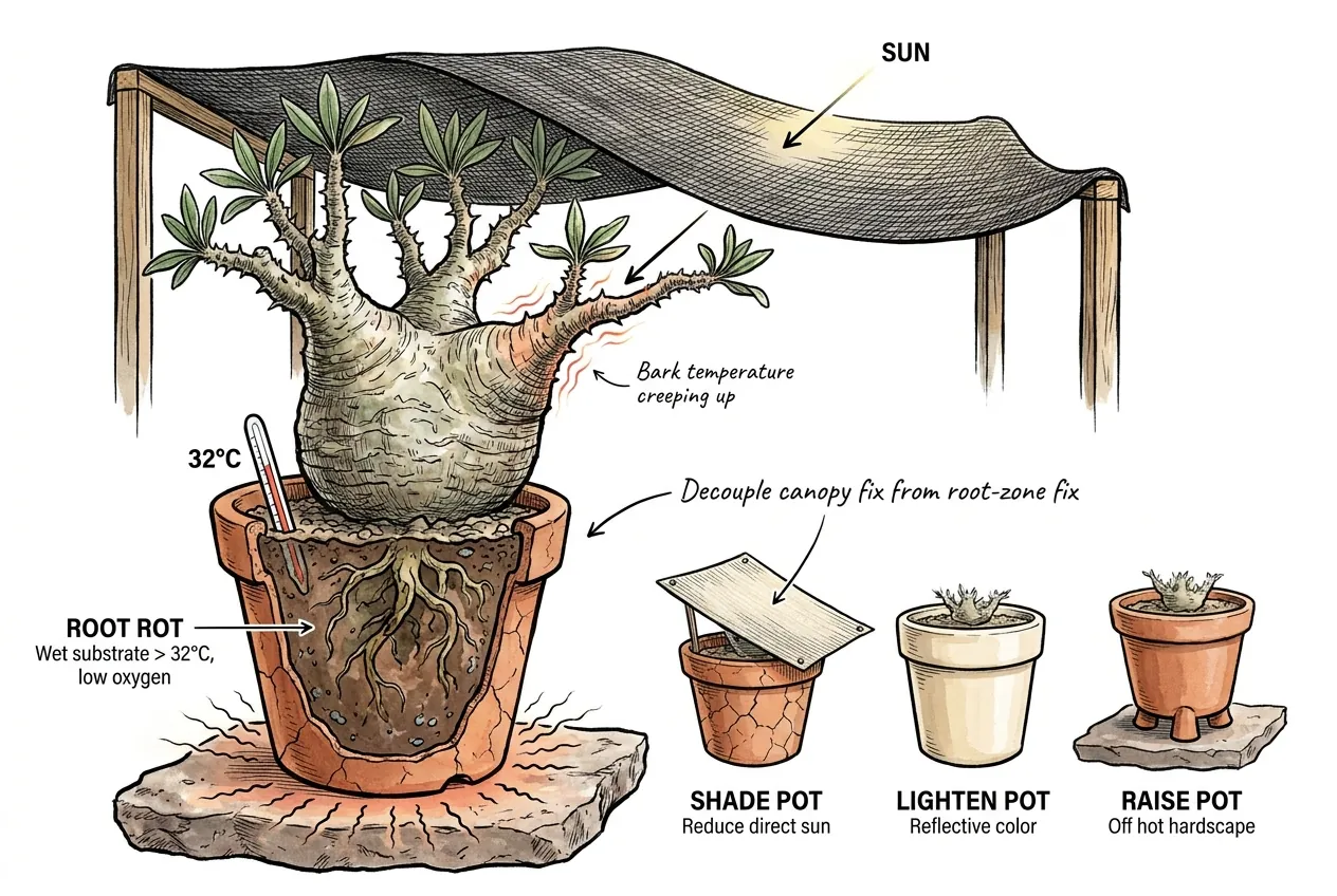 Shade cloth over a caudex while the pot bakes at 32C, with shade, light-color, and raised-pot fixes for the hot root zone