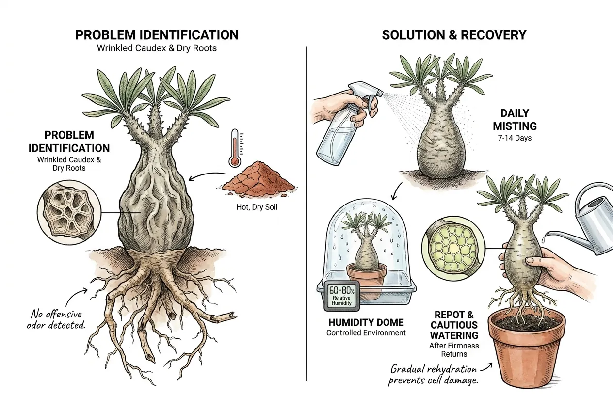 Botanical illustration for: Plant smells fine but caudex is wrinkled and roots are dry