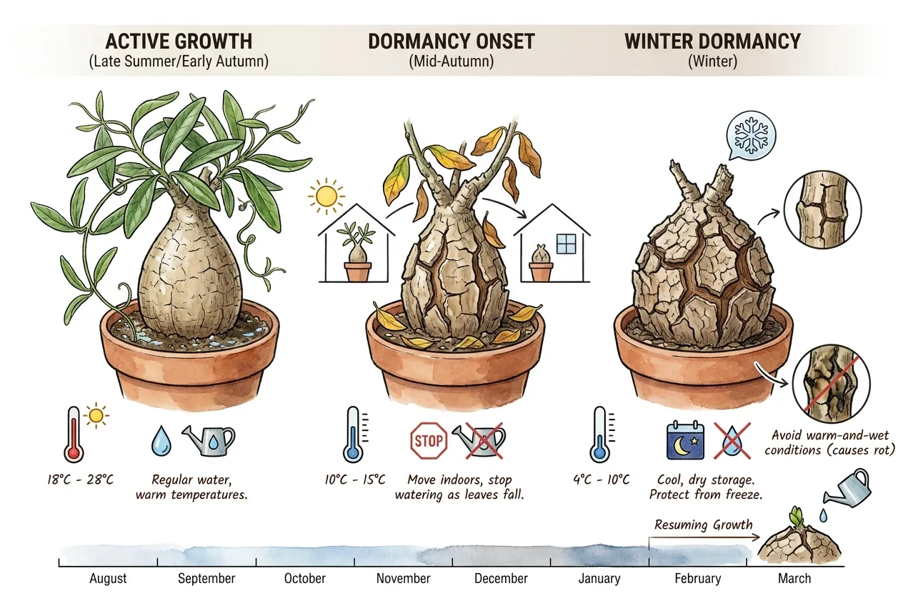Leafless dormant Fockea in cool dry corner at 4 to 10 C