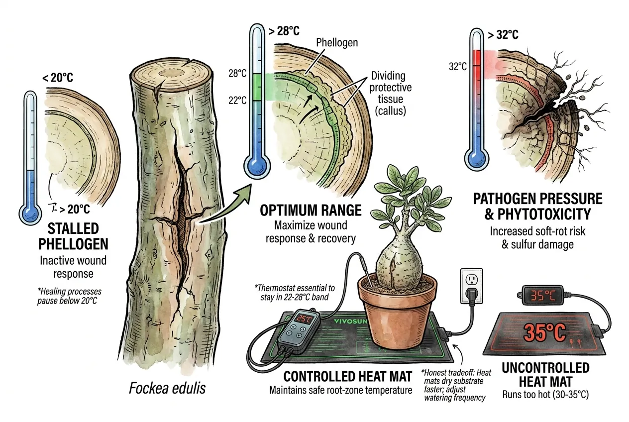 Heat mat with thermostat holding caudex root zone at 25 C