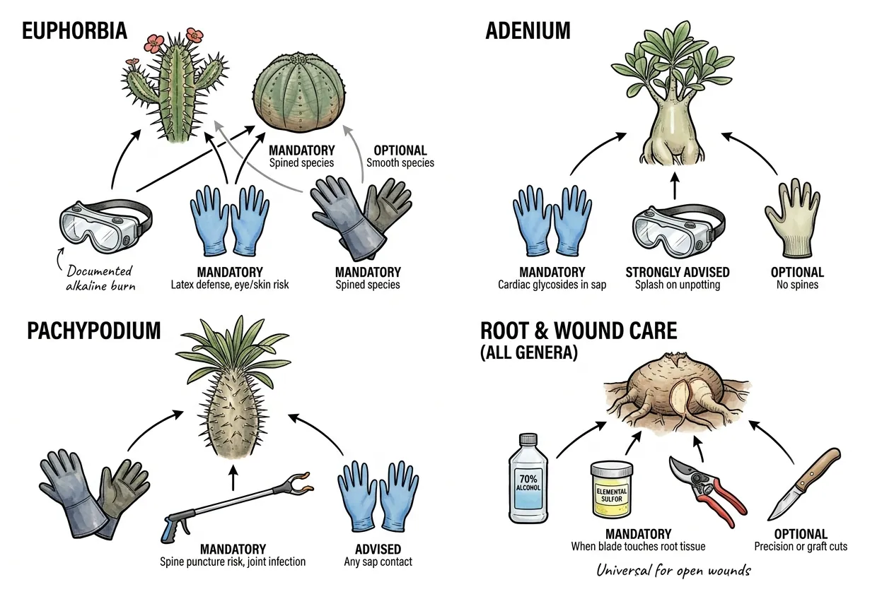 Protective gear for repotting caudex plants matched to each species, sealed goggle and nitrile for latex, gauntlet for spines