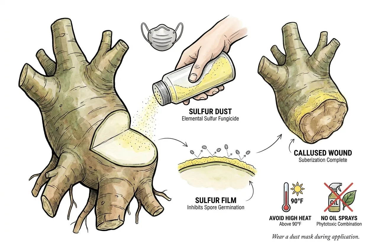 Sulfur wound-dusting illustration; the linked garden sulfur label does not include caudex wound dressing