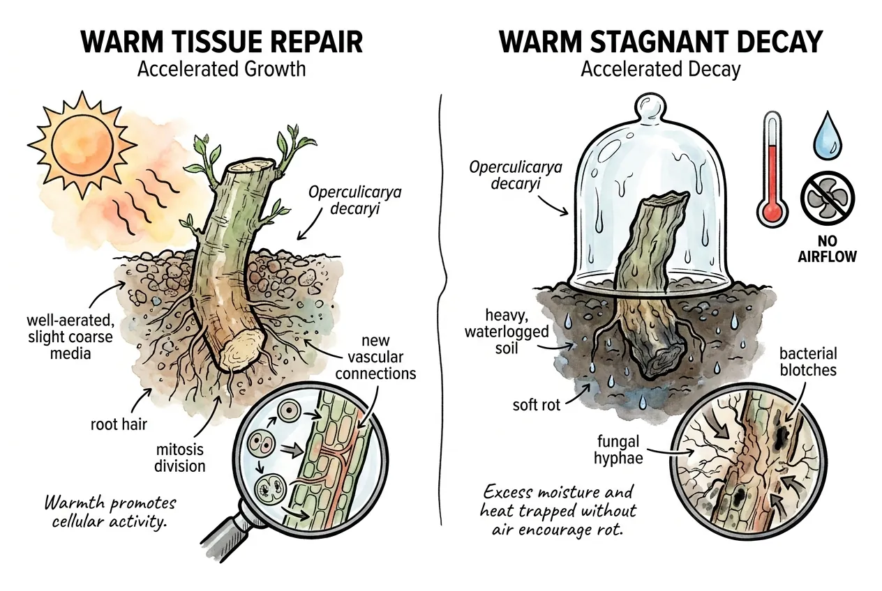 Warm shaded rooting area with airflow and dry media
