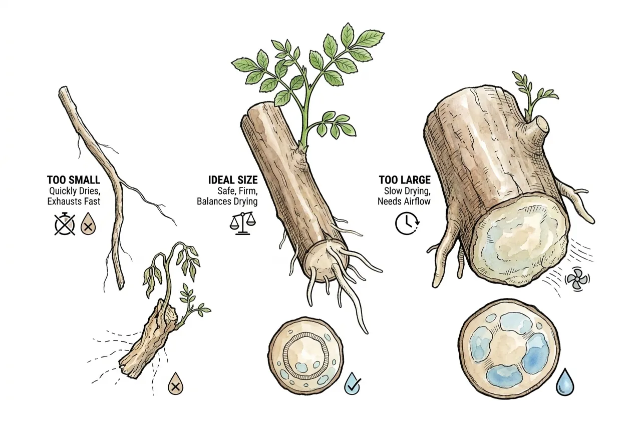 Firm root sections compared by thickness