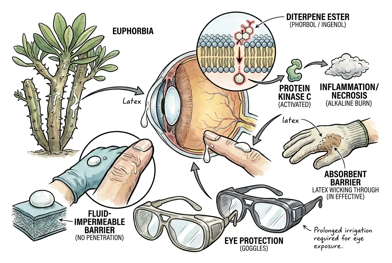 Euphorbia latex splashing the eye as an alkaline pH-9 chemical keratitis burn, why sealed goggles are needed