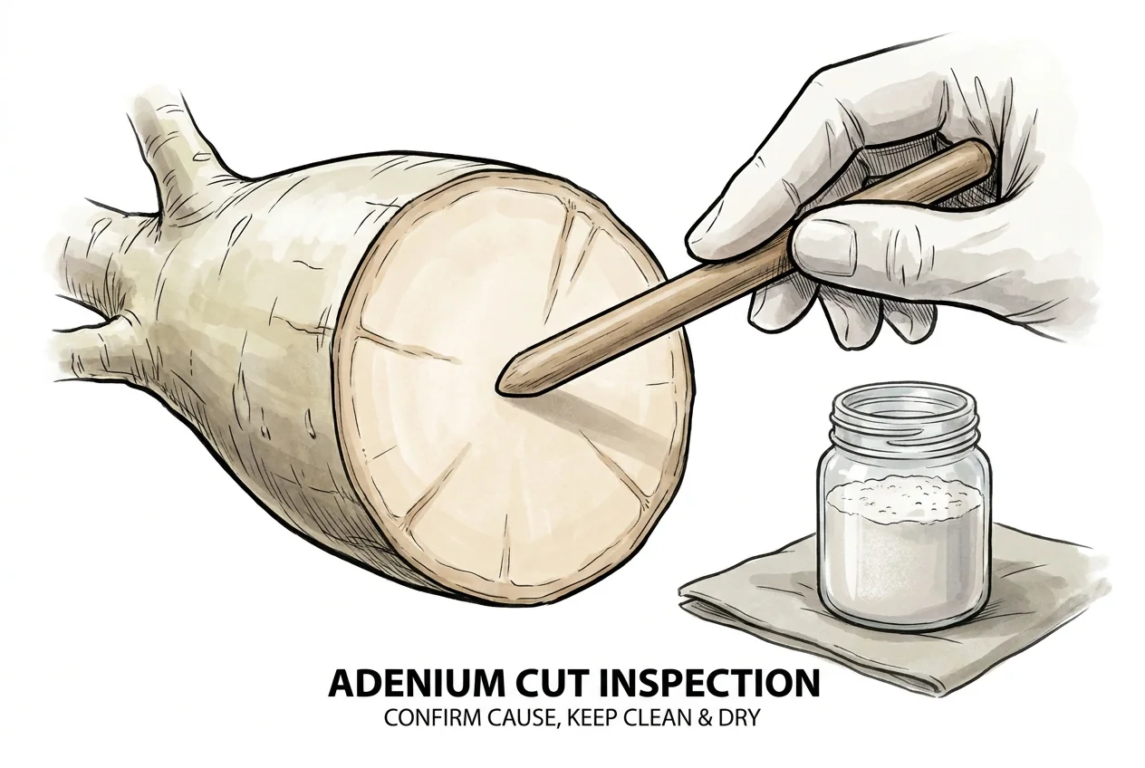 Sulfur and cinnamon applied to an Adenium wound