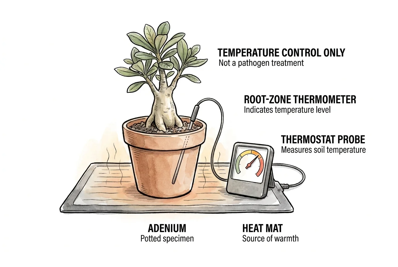 Bottom heat applied under an Adenium root zone
