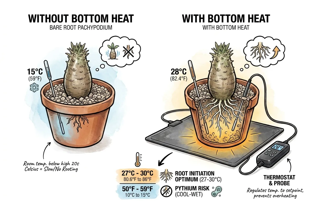 Cold and heated rooting-pot illustration; use a probe and a conservative measured range instead of assuming 28 °C is required
