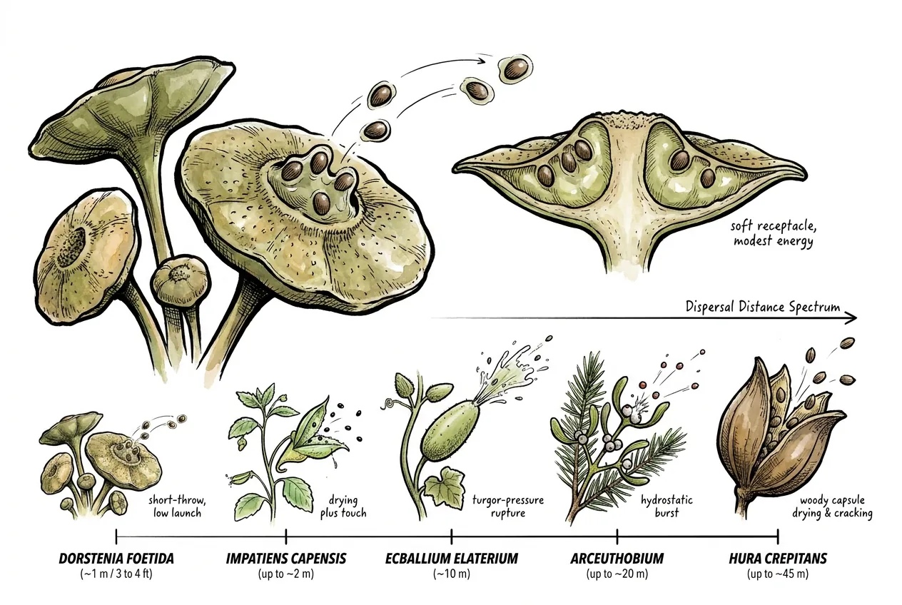 Dorstenia short-throw seed launch compared to ballistic disperser plants