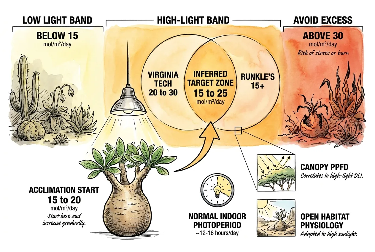DLI target scale placing caudex plants in the 15 to 25 high-light band.