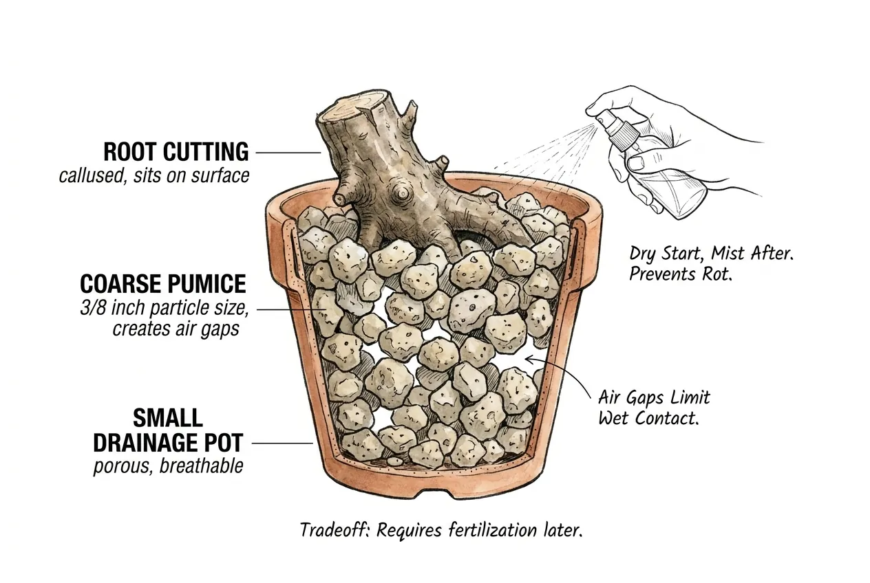 Root cutting held upright in chunky mineral substrate
