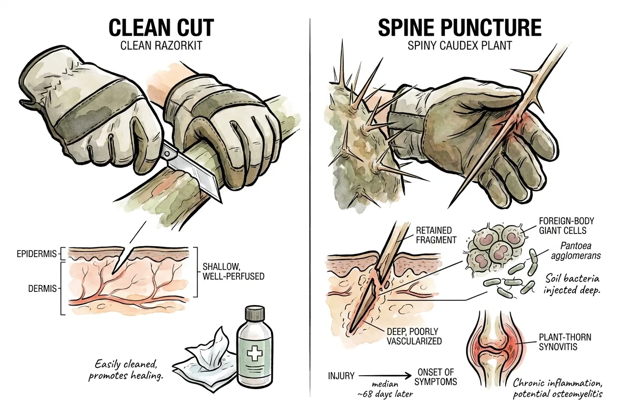 Spine puncture seeding soil bacteria deep in tissue versus a shallow clean blade cut, cause of plant-thorn synovitis