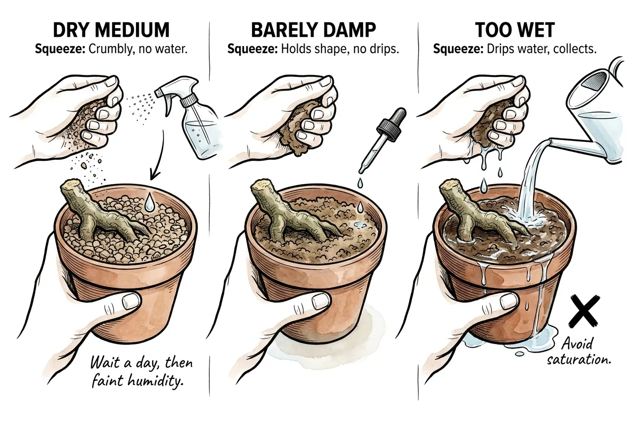 Dry, barely damp, and wet media compared