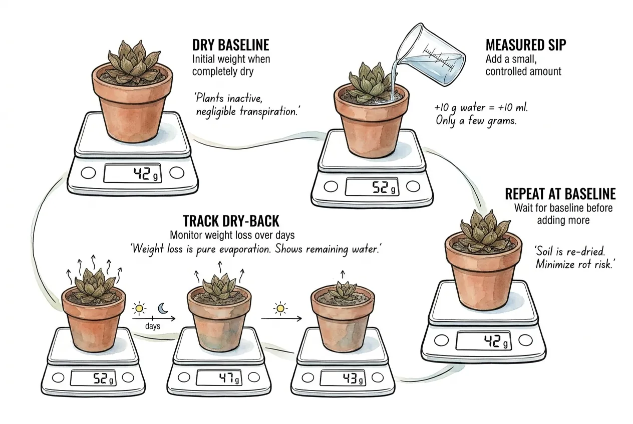 Small seedling pot on a kitchen scale measuring its water weight