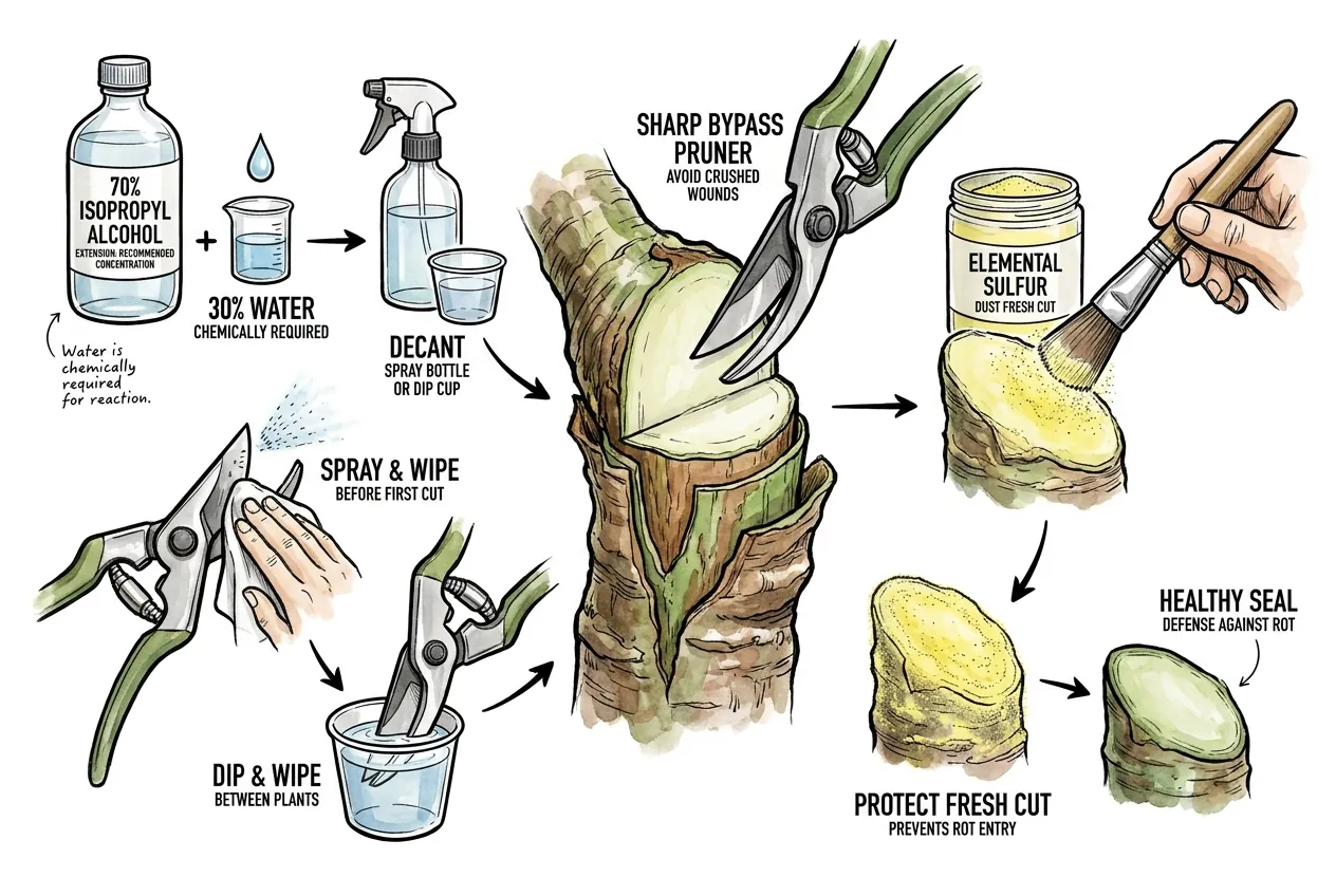Bypass pruner wiped with 70% isopropyl alcohol and the fresh caudex cut dusted with elemental sulfur to block rot