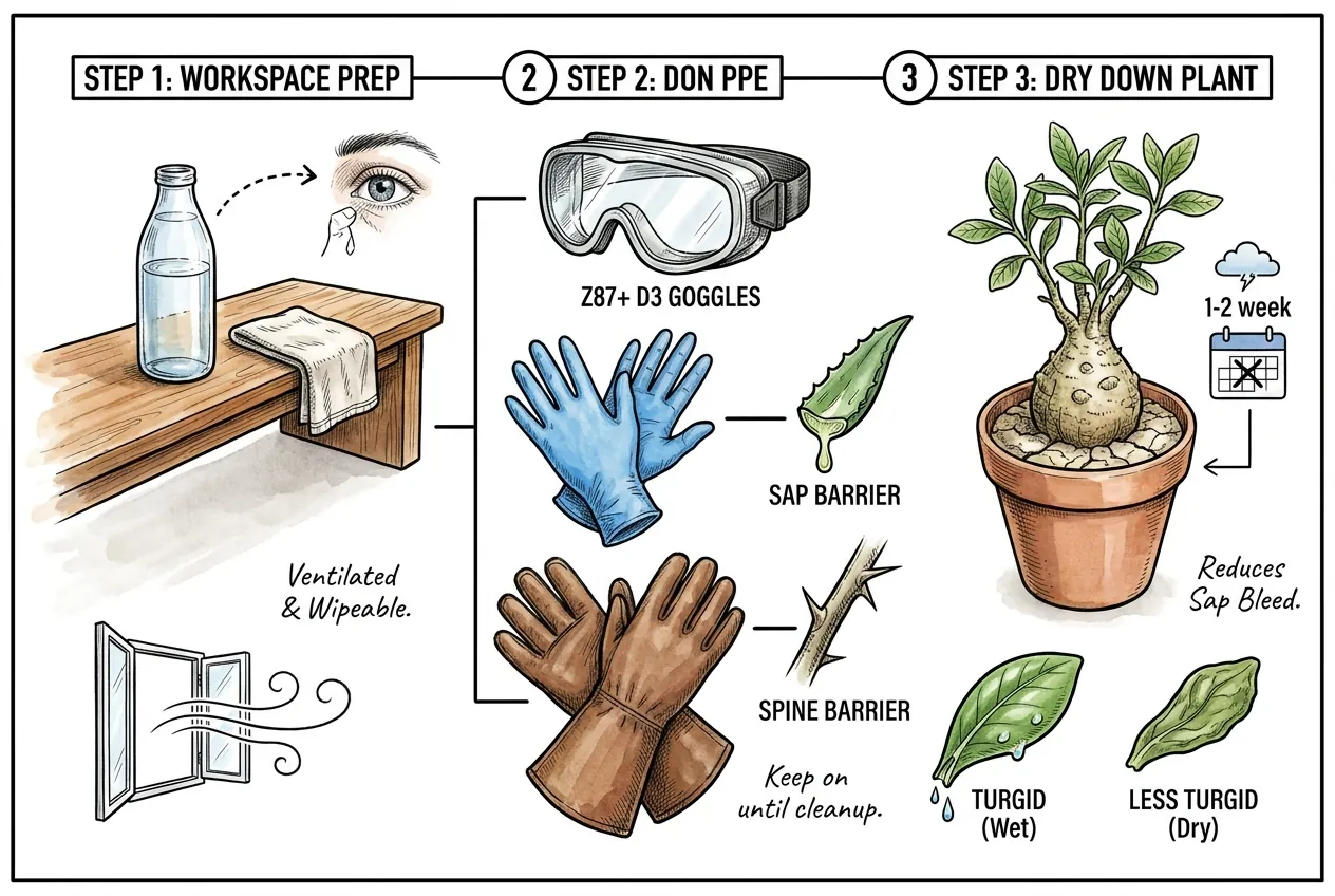 Eight-step caudex repotting protocol from PPE and root-hook lifting to sulfur-dusted cut and glove decontamination