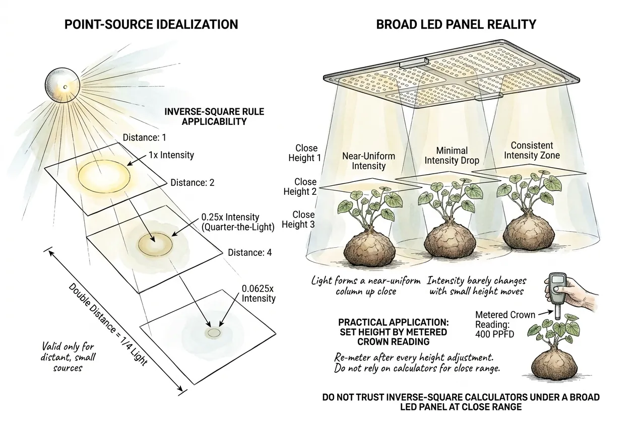 Broad LED panel casting a near-uniform light column, defying the inverse-square rule up close.