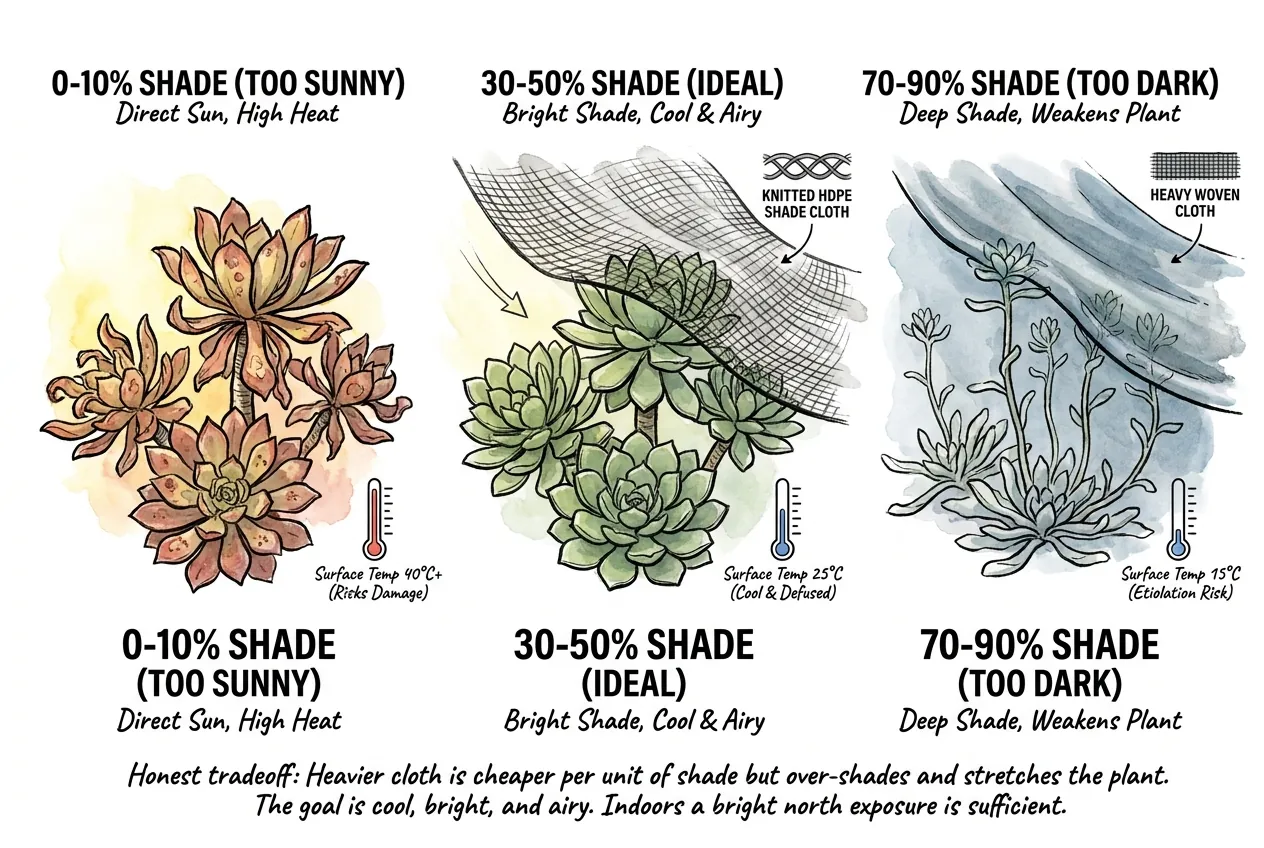 Dormant caudex plant under 30 to 50 percent shade cloth in bright shade