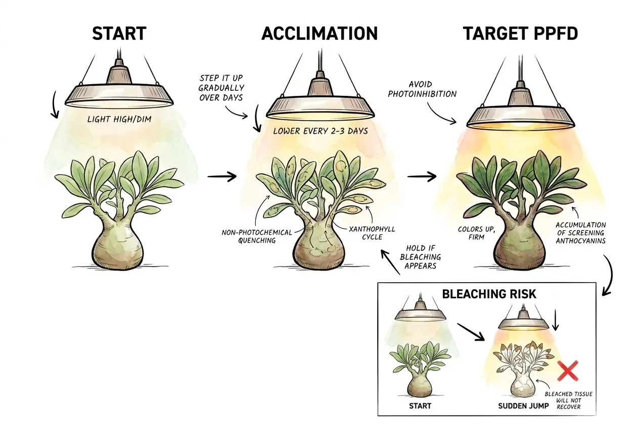 Stepwise height ladder acclimating a caudex to higher PPFD without bleaching.