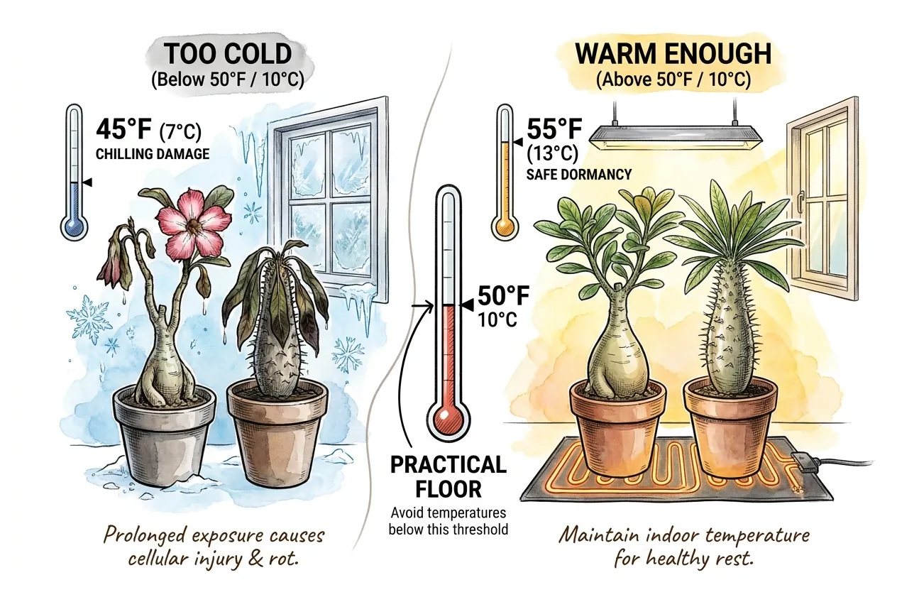 Illustrated temperature comparison for Adenium and Pachypodium; verify a winter floor for the exact species rather than treating 50 °F as universal