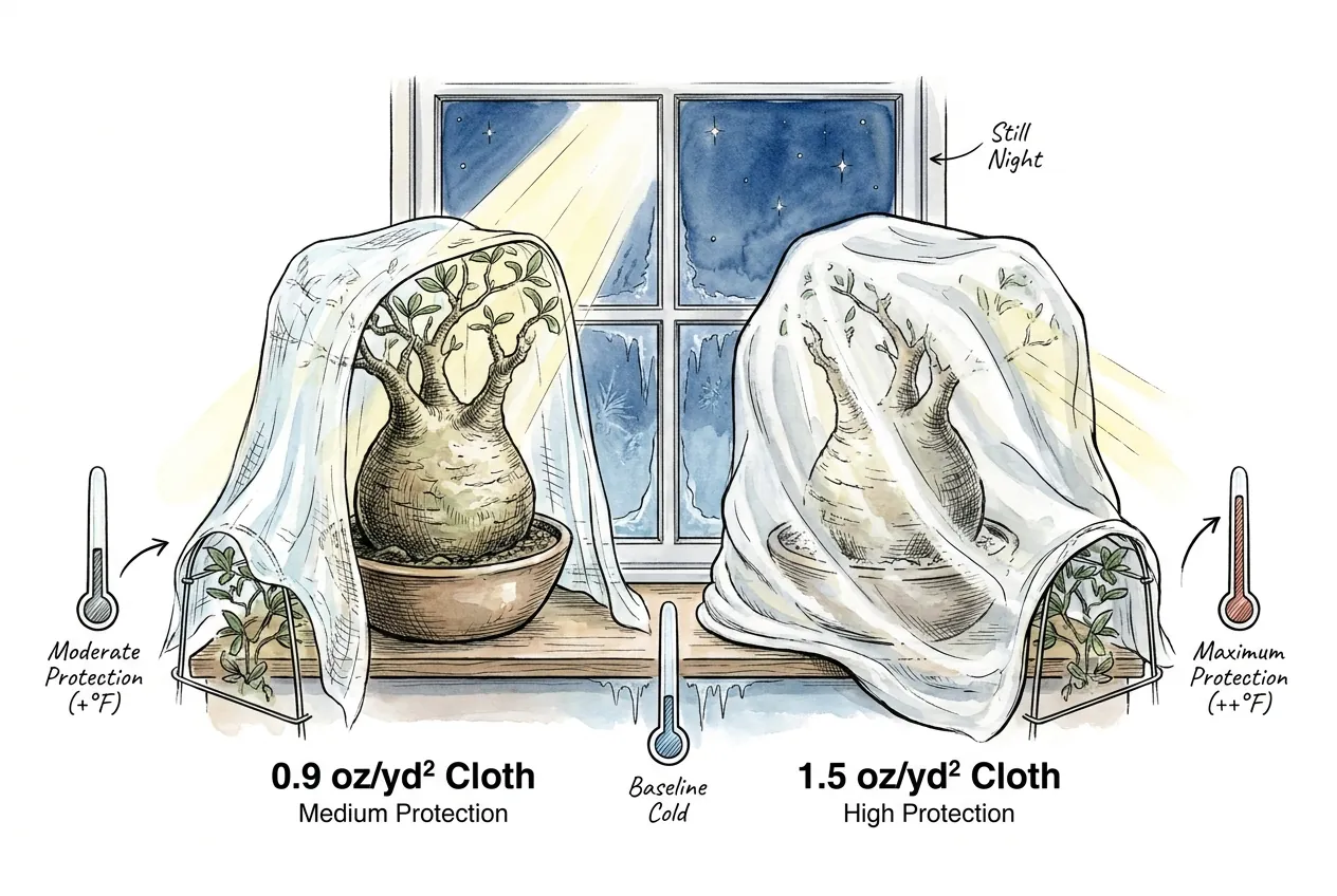 Comparison of row-cover fabric weights; outdoor protection ratings describe test conditions rather than degrees guaranteed indoors